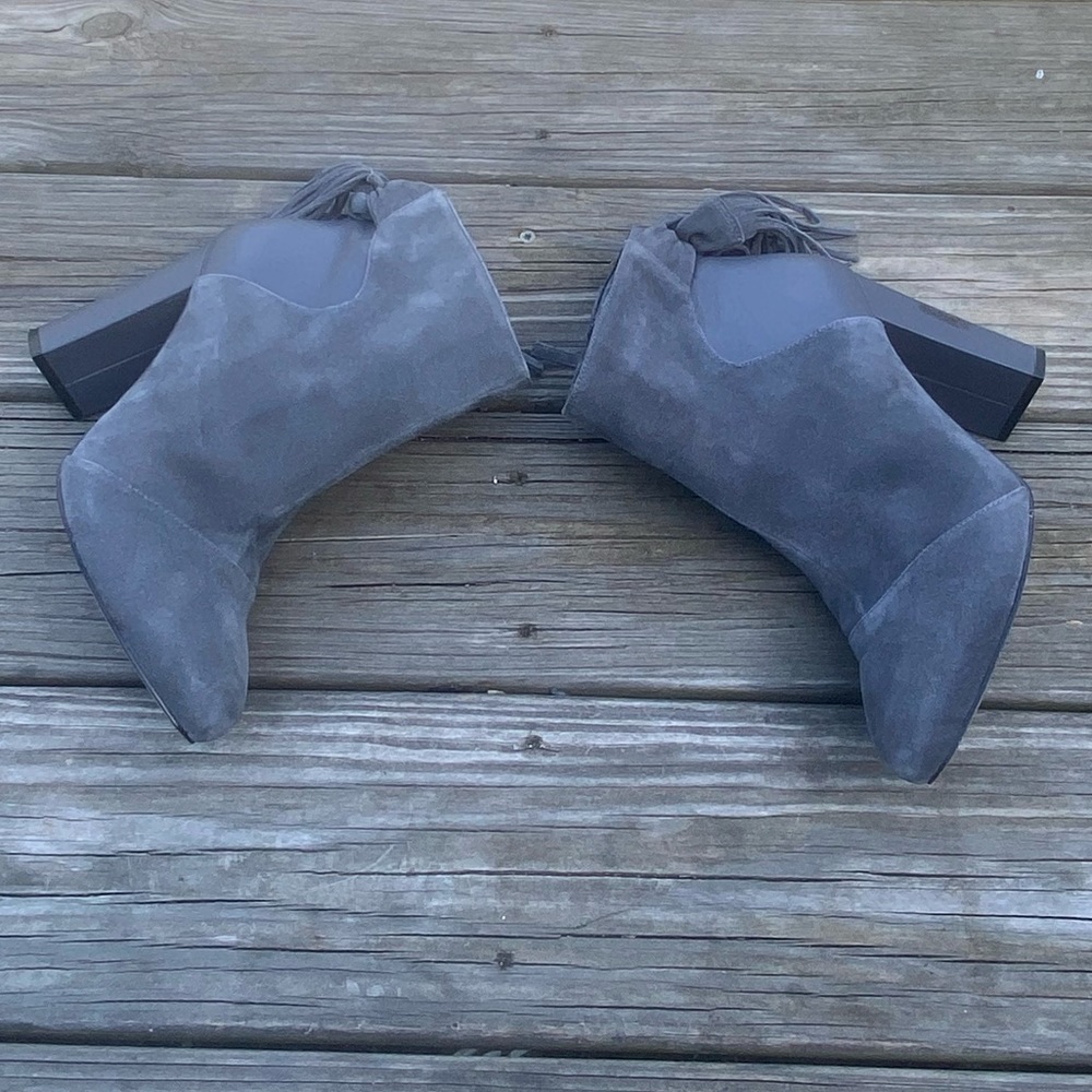 WHBM gray genuine suede leather ankle boots with tassels block heel size 10